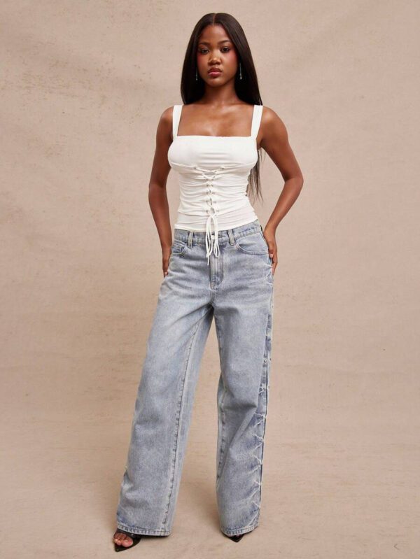NYA SZN Débardeur à encolure carrée, couleur unie, corset à œillets. Tenue de vacances, de rencard, de tous les jours, casual, streetwear, pour l'automne et l'été, pour femmes – Image 4