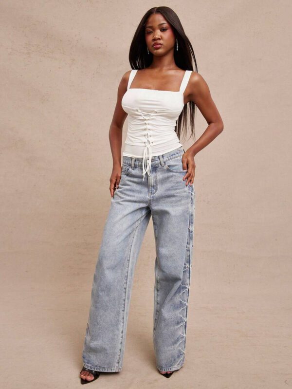 NYA SZN Débardeur à encolure carrée, couleur unie, corset à œillets. Tenue de vacances, de rencard, de tous les jours, casual, streetwear, pour l'automne et l'été, pour femmes – Image 5