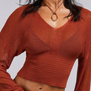 Athîral Top en tricot transparent avec manches chauve-souris de couleur unie pour femmes