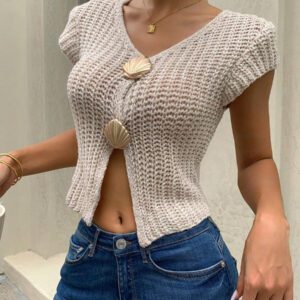 SHEIN Frenchy T-shirt à manches courtes en tricot à boutons métallisés pour femme, nouvelle collection été