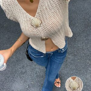 SHEIN Frenchy T-shirt à manches courtes en tricot à boutons métallisés pour femme, nouvelle collection été
