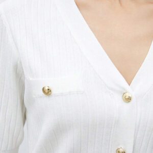 BizChic 2025 Nouveau Cardigan à col en V vert avocat avec boutons métalliques, tricot côtelé, manches courtes, hauts pour femmes. Décontracté chic pour le travail, les déplacements quotidiens, élégant pour les mariages, les festivals de musique champêtres, les brunchs, les aéroports dans le style vintage des années 90, Stockholm, Jour de l'Indépendance