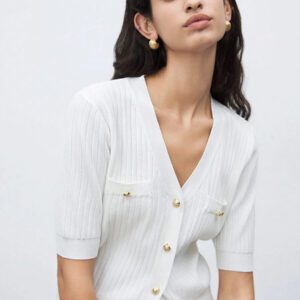 BizChic 2025 Nouveau Cardigan à col en V vert avocat avec boutons métalliques, tricot côtelé, manches courtes, hauts pour femmes. Décontracté chic pour le travail, les déplacements quotidiens, élégant pour les mariages, les festivals de musique champêtres, les brunchs, les aéroports dans le style vintage des années 90, Stockholm, Jour de l'Indépendance