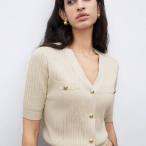 BizChic 2025 Nouveau Cardigan à col en V vert avocat avec boutons métalliques, tricot côtelé, manches courtes, hauts pour femmes. Décontracté chic pour le travail, les déplacements quotidiens, élégant pour les mariages, les festivals de musique champêtres, les brunchs, les aéroports dans le style vintage des années 90, Stockholm, Jour de l'Indépendance