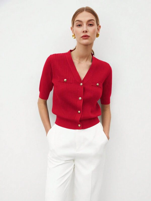 BizChic 2025 Nouveau Cardigan à col en V vert avocat avec boutons métalliques, tricot côtelé, manches courtes, hauts pour femmes. Décontracté chic pour le travail, les déplacements quotidiens, élégant pour les mariages, les festivals de musique champêtres, les brunchs, les aéroports dans le style vintage des années 90, Stockholm, Jour de l'Indépendance – Image 36