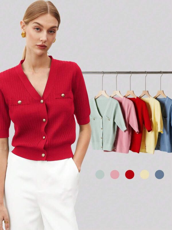 BizChic 2025 Nouveau Cardigan à col en V vert avocat avec boutons métalliques, tricot côtelé, manches courtes, hauts pour femmes. Décontracté chic pour le travail, les déplacements quotidiens, élégant pour les mariages, les festivals de musique champêtres, les brunchs, les aéroports dans le style vintage des années 90, Stockholm, Jour de l'Indépendance – Image 37