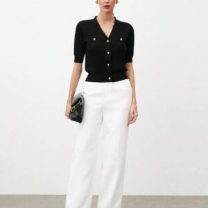 BizChic 2025 Nouveau Cardigan à col en V vert avocat avec boutons métalliques, tricot côtelé, manches courtes, hauts pour femmes. Décontracté chic pour le travail, les déplacements quotidiens, élégant pour les mariages, les festivals de musique champêtres, les brunchs, les aéroports dans le style vintage des années 90, Stockholm, Jour de l'Indépendance
