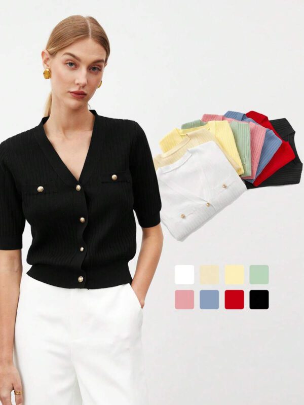 BizChic 2025 Nouveau Cardigan à col en V vert avocat avec boutons métalliques, tricot côtelé, manches courtes, hauts pour femmes. Décontracté chic pour le travail, les déplacements quotidiens, élégant pour les mariages, les festivals de musique champêtres, les brunchs, les aéroports dans le style vintage des années 90, Stockholm, Jour de l'Indépendance – Image 44