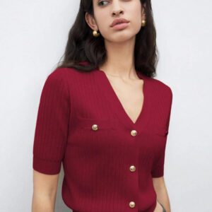 BizChic 2025 Nouveau Cardigan à col en V vert avocat avec boutons métalliques, tricot côtelé, manches courtes, hauts pour femmes. Décontracté chic pour le travail, les déplacements quotidiens, élégant pour les mariages, les festivals de musique champêtres, les brunchs, les aéroports dans le style vintage des années 90, Stockholm, Jour de l'Indépendance
