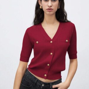 BizChic 2025 Nouveau Cardigan à col en V vert avocat avec boutons métalliques, tricot côtelé, manches courtes, hauts pour femmes. Décontracté chic pour le travail, les déplacements quotidiens, élégant pour les mariages, les festivals de musique champêtres, les brunchs, les aéroports dans le style vintage des années 90, Stockholm, Jour de l'Indépendance