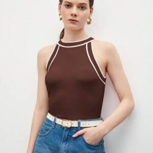 BizChic Nouveau modèle d'été 2025 Top pour femme en tricot côtelé à col rond, blocs de couleurs, marron café. Élégant pour le style décontracté, la vie quotidienne, les vacances à la plage, convenant aux invités de mariage, aux festivals de musique ruraux, au petit-déjeuner, aux tenues d'aéroport, au style rétro des années 90, au style de Stockholm, à la fête de l'indépendance