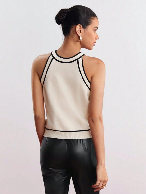 BizChic Nouveau modèle d'été 2025 Top pour femme en tricot côtelé à col rond, blocs de couleurs, marron café. Élégant pour le style décontracté, la vie quotidienne, les vacances à la plage, convenant aux invités de mariage, aux festivals de musique ruraux, au petit-déjeuner, aux tenues d'aéroport, au style rétro des années 90, au style de Stockholm, à la fête de l'indépendance – Image 3