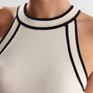 BizChic Nouveau modèle d'été 2025 Top pour femme en tricot côtelé à col rond, blocs de couleurs, marron café. Élégant pour le style décontracté, la vie quotidienne, les vacances à la plage, convenant aux invités de mariage, aux festivals de musique ruraux, au petit-déjeuner, aux tenues d'aéroport, au style rétro des années 90, au style de Stockholm, à la fête de l'indépendance