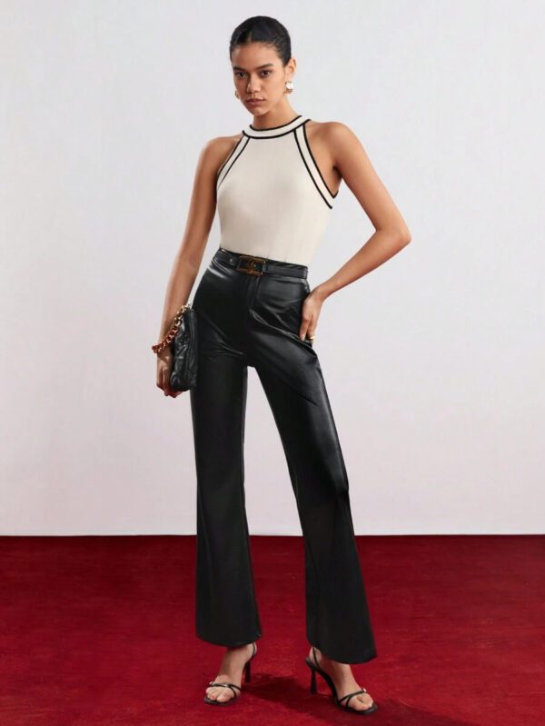 BizChic Nouveau modèle d'été 2025 Top pour femme en tricot côtelé à col rond, blocs de couleurs, marron café. Élégant pour le style décontracté, la vie quotidienne, les vacances à la plage, convenant aux invités de mariage, aux festivals de musique ruraux, au petit-déjeuner, aux tenues d'aéroport, au style rétro des années 90, au style de Stockholm, à la fête de l'indépendance – Image 7