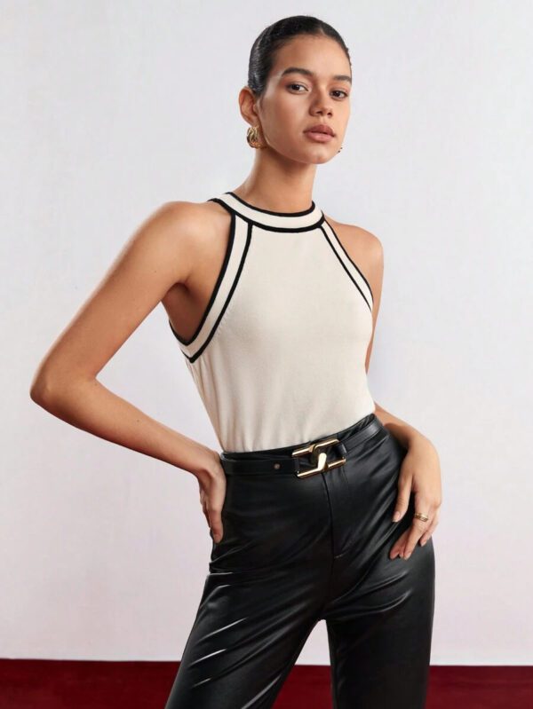 BizChic Nouveau modèle d'été 2025 Top pour femme en tricot côtelé à col rond, blocs de couleurs, marron café. Élégant pour le style décontracté, la vie quotidienne, les vacances à la plage, convenant aux invités de mariage, aux festivals de musique ruraux, au petit-déjeuner, aux tenues d'aéroport, au style rétro des années 90, au style de Stockholm, à la fête de l'indépendance – Image 8