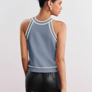 BizChic Nouveau modèle d'été 2025 Top pour femme en tricot côtelé à col rond, blocs de couleurs, marron café. Élégant pour le style décontracté, la vie quotidienne, les vacances à la plage, convenant aux invités de mariage, aux festivals de musique ruraux, au petit-déjeuner, aux tenues d'aéroport, au style rétro des années 90, au style de Stockholm, à la fête de l'indépendance