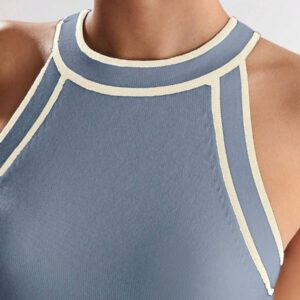 BizChic Nouveau modèle d'été 2025 Top pour femme en tricot côtelé à col rond, blocs de couleurs, marron café. Élégant pour le style décontracté, la vie quotidienne, les vacances à la plage, convenant aux invités de mariage, aux festivals de musique ruraux, au petit-déjeuner, aux tenues d'aéroport, au style rétro des années 90, au style de Stockholm, à la fête de l'indépendance