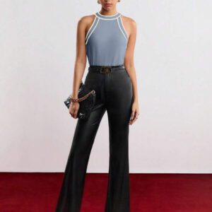BizChic Nouveau modèle d'été 2025 Top pour femme en tricot côtelé à col rond, blocs de couleurs, marron café. Élégant pour le style décontracté, la vie quotidienne, les vacances à la plage, convenant aux invités de mariage, aux festivals de musique ruraux, au petit-déjeuner, aux tenues d'aéroport, au style rétro des années 90, au style de Stockholm, à la fête de l'indépendance