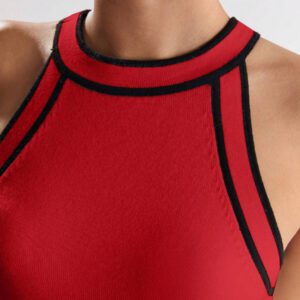 BizChic Nouveau modèle d'été 2025 Top pour femme en tricot côtelé à col rond, blocs de couleurs, marron café. Élégant pour le style décontracté, la vie quotidienne, les vacances à la plage, convenant aux invités de mariage, aux festivals de musique ruraux, au petit-déjeuner, aux tenues d'aéroport, au style rétro des années 90, au style de Stockholm, à la fête de l'indépendance