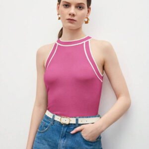 BizChic Nouveau modèle d'été 2025 Top pour femme en tricot côtelé à col rond, blocs de couleurs, marron café. Élégant pour le style décontracté, la vie quotidienne, les vacances à la plage, convenant aux invités de mariage, aux festivals de musique ruraux, au petit-déjeuner, aux tenues d'aéroport, au style rétro des années 90, au style de Stockholm, à la fête de l'indépendance