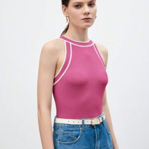 BizChic Nouveau modèle d'été 2025 Top pour femme en tricot côtelé à col rond, blocs de couleurs, marron café. Élégant pour le style décontracté, la vie quotidienne, les vacances à la plage, convenant aux invités de mariage, aux festivals de musique ruraux, au petit-déjeuner, aux tenues d'aéroport, au style rétro des années 90, au style de Stockholm, à la fête de l'indépendance