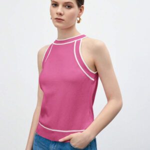 BizChic Nouveau modèle d'été 2025 Top pour femme en tricot côtelé à col rond, blocs de couleurs, marron café. Élégant pour le style décontracté, la vie quotidienne, les vacances à la plage, convenant aux invités de mariage, aux festivals de musique ruraux, au petit-déjeuner, aux tenues d'aéroport, au style rétro des années 90, au style de Stockholm, à la fête de l'indépendance