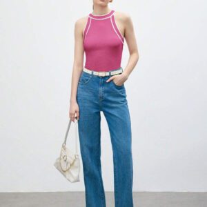 BizChic Nouveau modèle d'été 2025 Top pour femme en tricot côtelé à col rond, blocs de couleurs, marron café. Élégant pour le style décontracté, la vie quotidienne, les vacances à la plage, convenant aux invités de mariage, aux festivals de musique ruraux, au petit-déjeuner, aux tenues d'aéroport, au style rétro des années 90, au style de Stockholm, à la fête de l'indépendance