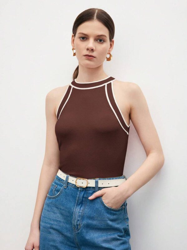 BizChic Nouveau modèle d'été 2025 Top pour femme en tricot côtelé à col rond, blocs de couleurs, marron café. Élégant pour le style décontracté, la vie quotidienne, les vacances à la plage, convenant aux invités de mariage, aux festivals de musique ruraux, au petit-déjeuner, aux tenues d'aéroport, au style rétro des années 90, au style de Stockholm, à la fête de l'indépendance – Image 34