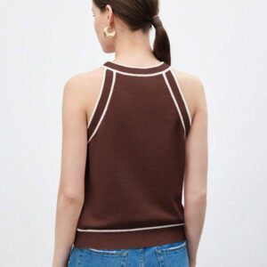 BizChic Nouveau modèle d'été 2025 Top pour femme en tricot côtelé à col rond, blocs de couleurs, marron café. Élégant pour le style décontracté, la vie quotidienne, les vacances à la plage, convenant aux invités de mariage, aux festivals de musique ruraux, au petit-déjeuner, aux tenues d'aéroport, au style rétro des années 90, au style de Stockholm, à la fête de l'indépendance