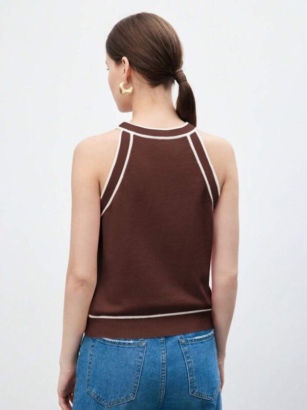 BizChic Nouveau modèle d'été 2025 Top pour femme en tricot côtelé à col rond, blocs de couleurs, marron café. Élégant pour le style décontracté, la vie quotidienne, les vacances à la plage, convenant aux invités de mariage, aux festivals de musique ruraux, au petit-déjeuner, aux tenues d'aéroport, au style rétro des années 90, au style de Stockholm, à la fête de l'indépendance – Image 35