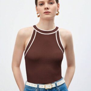 BizChic Nouveau modèle d'été 2025 Top pour femme en tricot côtelé à col rond, blocs de couleurs, marron café. Élégant pour le style décontracté, la vie quotidienne, les vacances à la plage, convenant aux invités de mariage, aux festivals de musique ruraux, au petit-déjeuner, aux tenues d'aéroport, au style rétro des années 90, au style de Stockholm, à la fête de l'indépendance