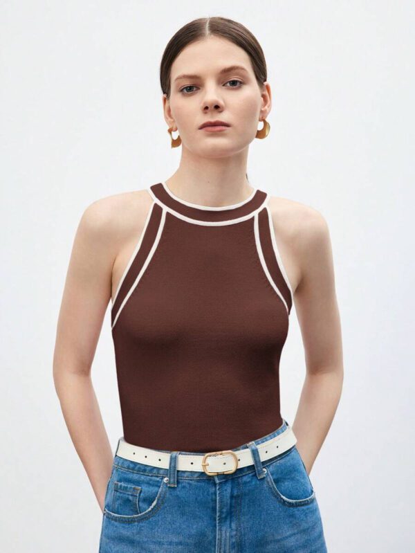 BizChic Nouveau modèle d'été 2025 Top pour femme en tricot côtelé à col rond, blocs de couleurs, marron café. Élégant pour le style décontracté, la vie quotidienne, les vacances à la plage, convenant aux invités de mariage, aux festivals de musique ruraux, au petit-déjeuner, aux tenues d'aéroport, au style rétro des années 90, au style de Stockholm, à la fête de l'indépendance – Image 36