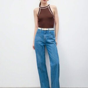 BizChic Nouveau modèle d'été 2025 Top pour femme en tricot côtelé à col rond, blocs de couleurs, marron café. Élégant pour le style décontracté, la vie quotidienne, les vacances à la plage, convenant aux invités de mariage, aux festivals de musique ruraux, au petit-déjeuner, aux tenues d'aéroport, au style rétro des années 90, au style de Stockholm, à la fête de l'indépendance