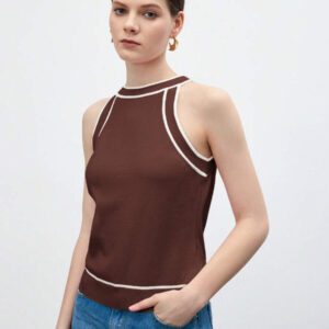 BizChic Nouveau modèle d'été 2025 Top pour femme en tricot côtelé à col rond, blocs de couleurs, marron café. Élégant pour le style décontracté, la vie quotidienne, les vacances à la plage, convenant aux invités de mariage, aux festivals de musique ruraux, au petit-déjeuner, aux tenues d'aéroport, au style rétro des années 90, au style de Stockholm, à la fête de l'indépendance