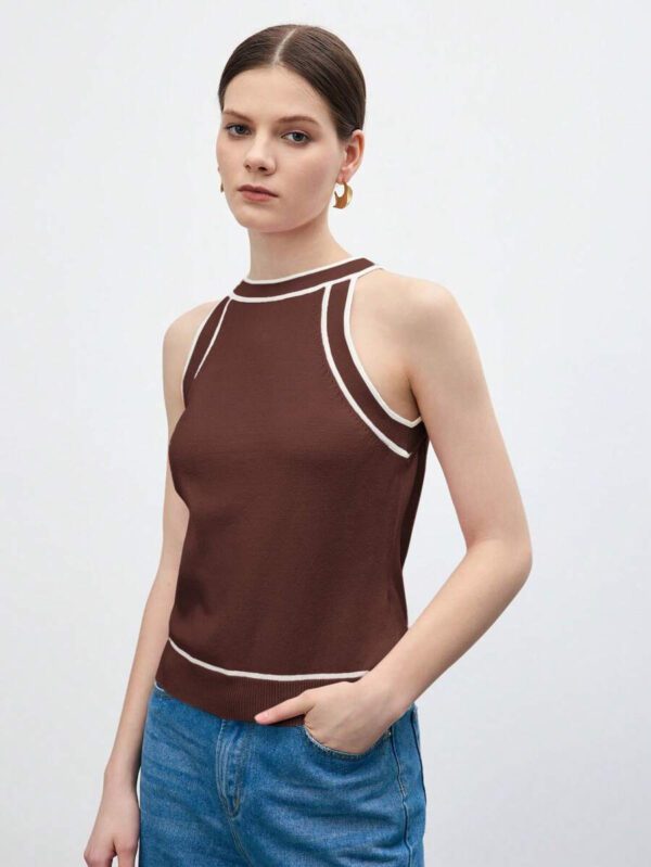 BizChic Nouveau modèle d'été 2025 Top pour femme en tricot côtelé à col rond, blocs de couleurs, marron café. Élégant pour le style décontracté, la vie quotidienne, les vacances à la plage, convenant aux invités de mariage, aux festivals de musique ruraux, au petit-déjeuner, aux tenues d'aéroport, au style rétro des années 90, au style de Stockholm, à la fête de l'indépendance – Image 39