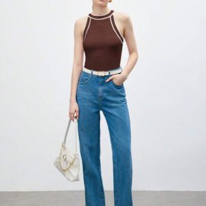 BizChic Nouveau modèle d'été 2025 Top pour femme en tricot côtelé à col rond, blocs de couleurs, marron café. Élégant pour le style décontracté, la vie quotidienne, les vacances à la plage, convenant aux invités de mariage, aux festivals de musique ruraux, au petit-déjeuner, aux tenues d'aéroport, au style rétro des années 90, au style de Stockholm, à la fête de l'indépendance