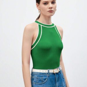 BizChic Nouveau modèle d'été 2025 Top pour femme en tricot côtelé à col rond, blocs de couleurs, marron café. Élégant pour le style décontracté, la vie quotidienne, les vacances à la plage, convenant aux invités de mariage, aux festivals de musique ruraux, au petit-déjeuner, aux tenues d'aéroport, au style rétro des années 90, au style de Stockholm, à la fête de l'indépendance