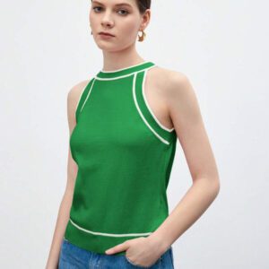 BizChic Nouveau modèle d'été 2025 Top pour femme en tricot côtelé à col rond, blocs de couleurs, marron café. Élégant pour le style décontracté, la vie quotidienne, les vacances à la plage, convenant aux invités de mariage, aux festivals de musique ruraux, au petit-déjeuner, aux tenues d'aéroport, au style rétro des années 90, au style de Stockholm, à la fête de l'indépendance