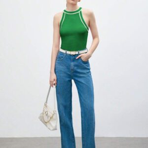 BizChic Nouveau modèle d'été 2025 Top pour femme en tricot côtelé à col rond, blocs de couleurs, marron café. Élégant pour le style décontracté, la vie quotidienne, les vacances à la plage, convenant aux invités de mariage, aux festivals de musique ruraux, au petit-déjeuner, aux tenues d'aéroport, au style rétro des années 90, au style de Stockholm, à la fête de l'indépendance