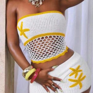 BamGleam Débardeur court en crochet tricoté pour femmes, blanc avec étoiles oranges et motif ajouré en forme d'étoile de mer. Débardeur tricoté minimaliste décontracté pour les vacances d'été