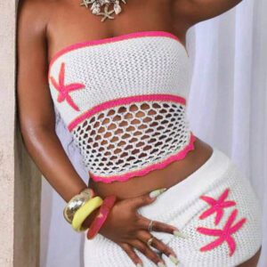 BamGleam Débardeur court en crochet tricoté pour femmes, blanc avec étoiles oranges et motif ajouré en forme d'étoile de mer. Débardeur tricoté minimaliste décontracté pour les vacances d'été