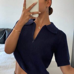 DAZY Polo col monté à manches courtes en tricot, style casual, couleur unie, zip, pour femmes, été