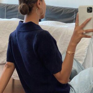 DAZY Polo col monté à manches courtes en tricot, style casual, couleur unie, zip, pour femmes, été