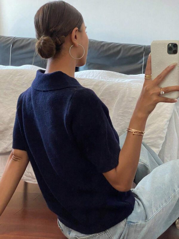 DAZY Polo col monté à manches courtes en tricot, style casual, couleur unie, zip, pour femmes, été – Image 3