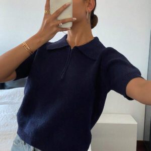 DAZY Polo col monté à manches courtes en tricot, style casual, couleur unie, zip, pour femmes, été