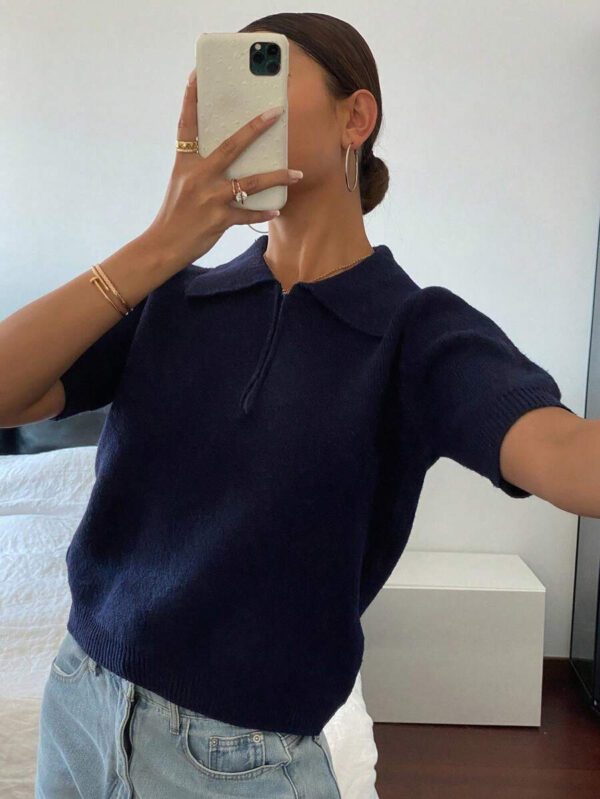 DAZY Polo col monté à manches courtes en tricot, style casual, couleur unie, zip, pour femmes, été – Image 5