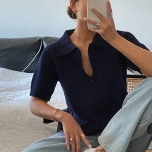 DAZY Polo col monté à manches courtes en tricot, style casual, couleur unie, zip, pour femmes, été