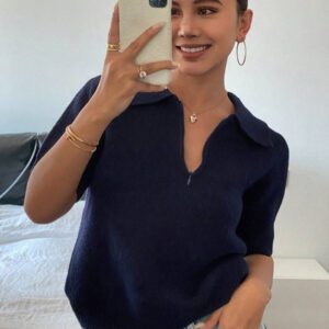 DAZY Polo col monté à manches courtes en tricot, style casual, couleur unie, zip, pour femmes, été