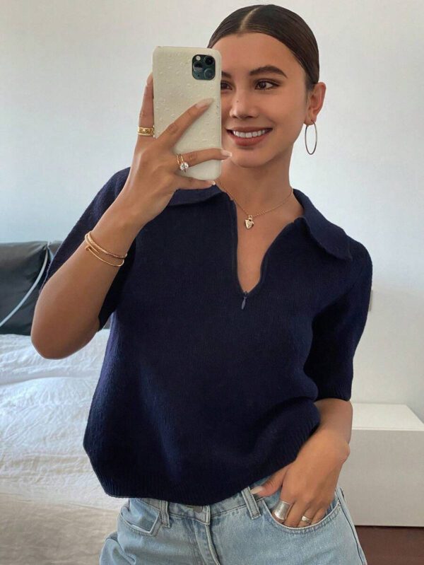 DAZY Polo col monté à manches courtes en tricot, style casual, couleur unie, zip, pour femmes, été – Image 8