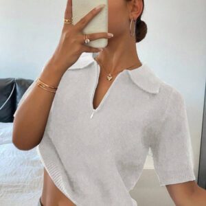DAZY Polo col monté à manches courtes en tricot, style casual, couleur unie, zip, pour femmes, été